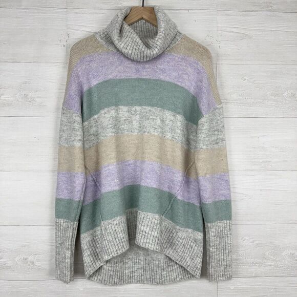 Gap Brushed Turtleneck Sweater Women L Striped Green Purple Relaxed Preppy Cozy - Picture 1 of 15